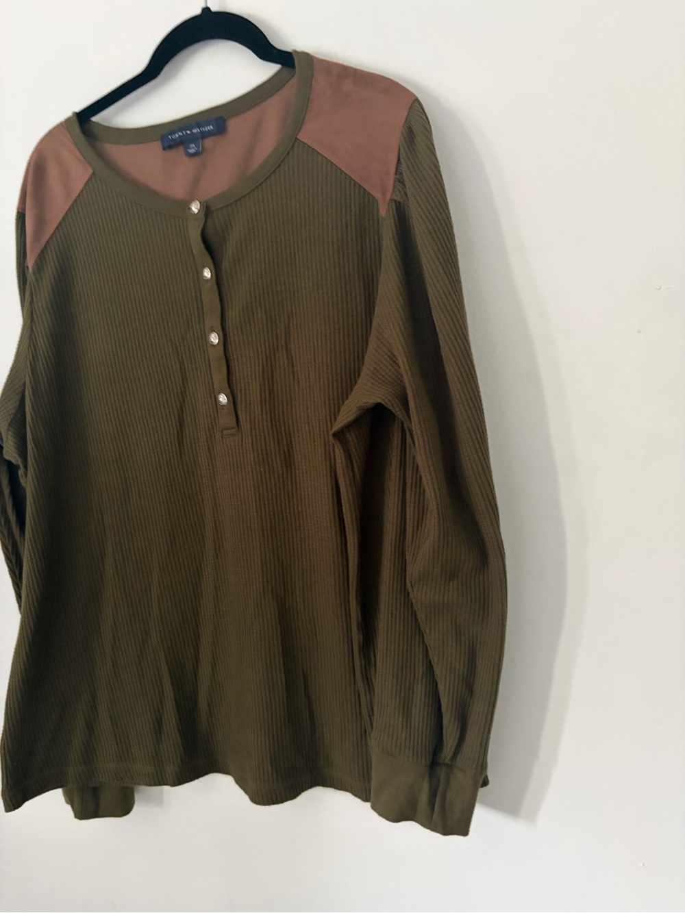 Tommy Hilfiger Olive Green Long Sleeve Henley with Tan Shoulder Panels